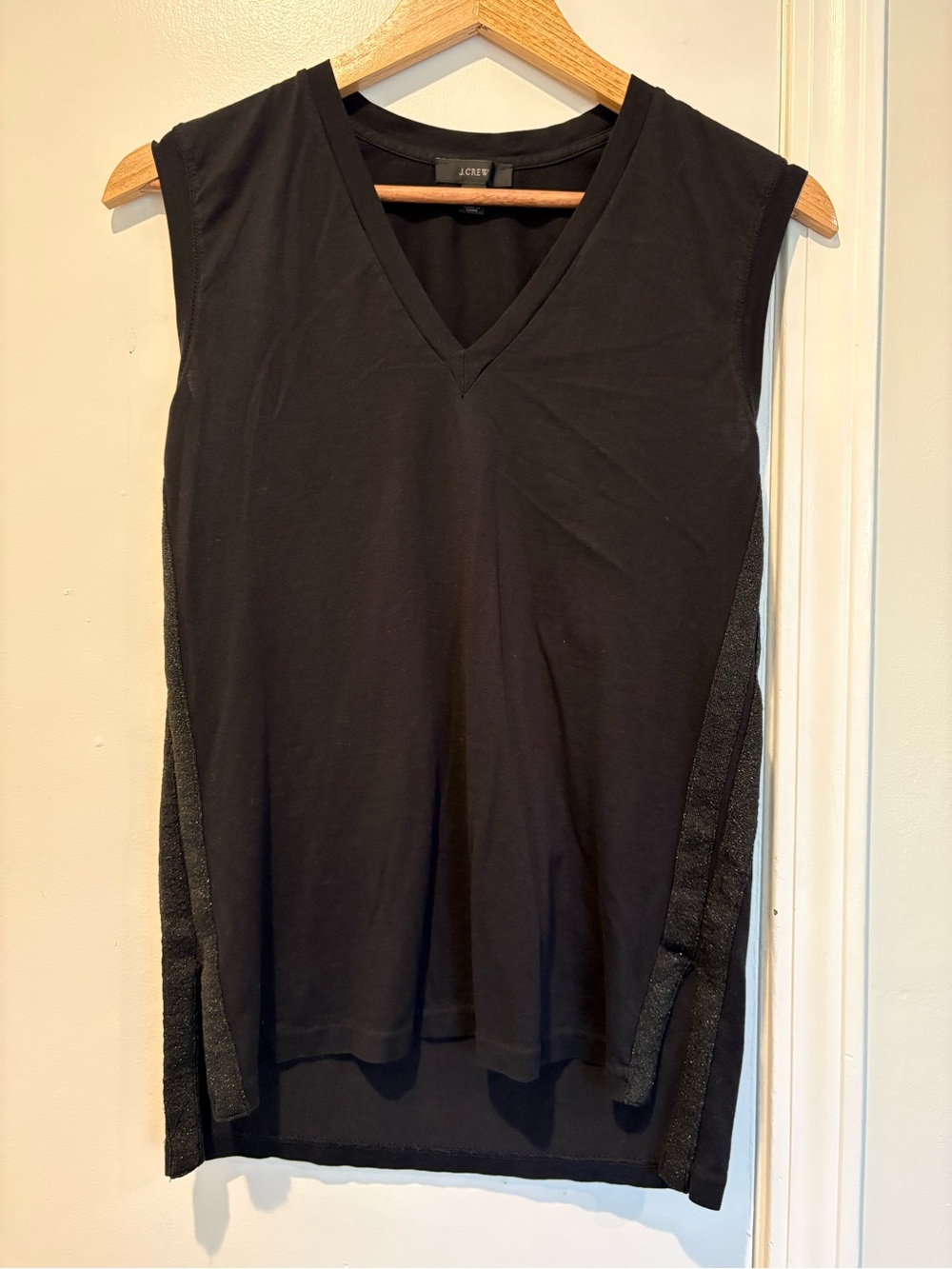 Minimalist Chic J. Crew Black V-Neck Sleeveless Tank with Metallic Side Trim